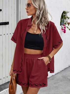B62 Two Piece Button Down Short Sleeve Outfits Sets NEW - Wine